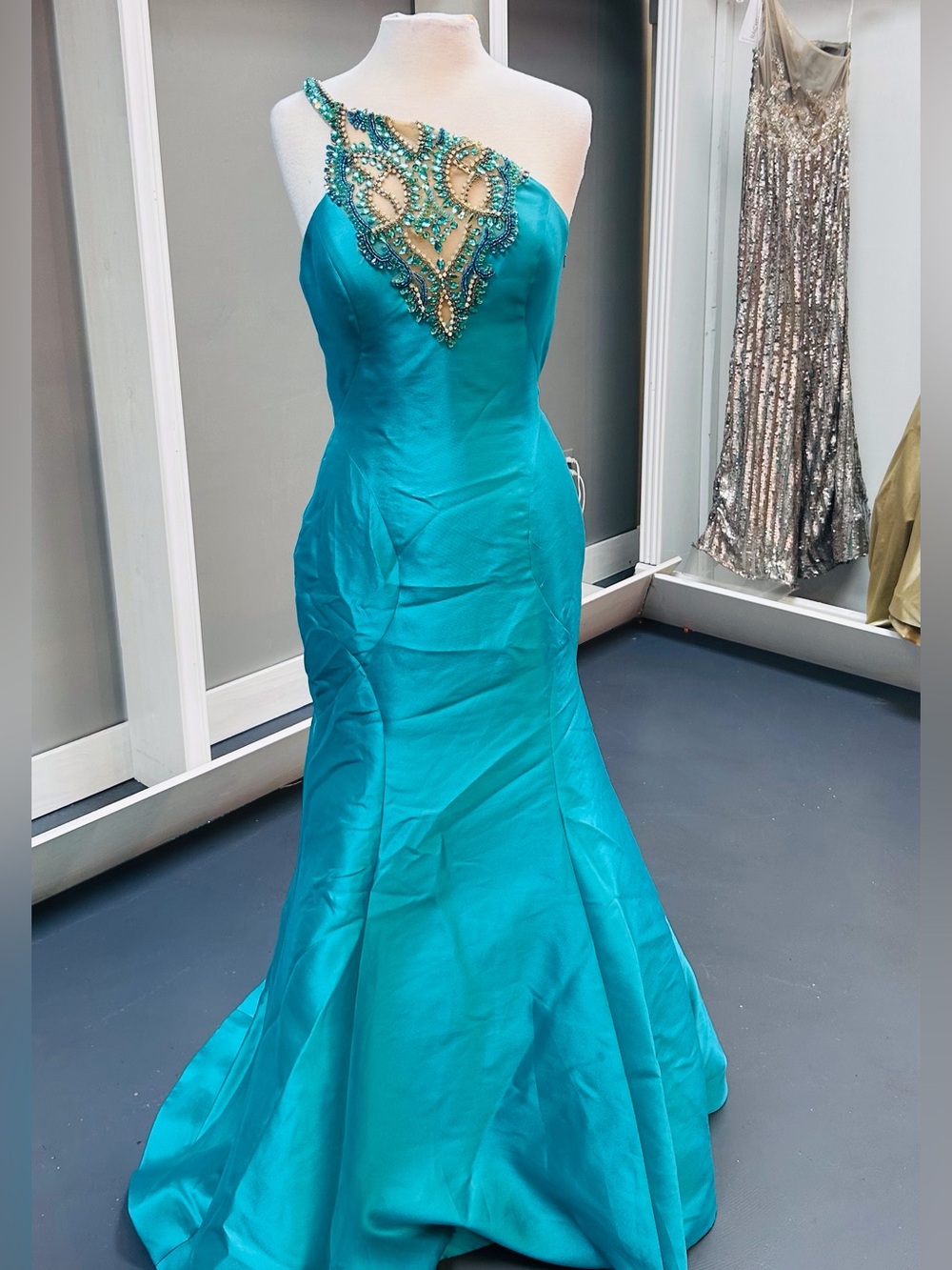 Rachel Allan Teal One-Shoulder Beaded Gown